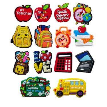 Imagem de SAFITOYA Pingentes de sapato de volta às aulas, acessórios decorativos de PVC para sapatos e pulseiras, material de festa escolar do primeiro dia, 14 peças de desenho animado de volta às aulas, One