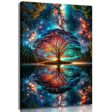 Imagem de Arte de parede em tela árvore da vida céu estrelado reflexão imagens decoração de parede moderna abstrato pôster impresso arte para sala de estar sala de ioga hotel quarto decoração de casa 61 x 91 cm