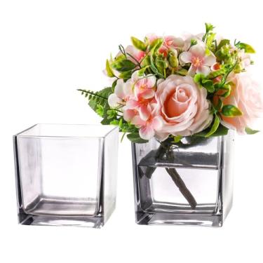 Imagem de MARTAGE Conjunto de 2 vasos quadrados de vidro cinza, vasos quadrados de 15 x 15 x 15 cm para centros de mesa, vasos de flores para centros de mesa, vaso pequeno para casamento, festa, decoração de