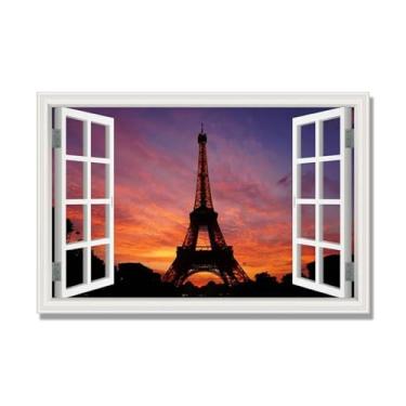 Imagem de Janela de arte de parede com impressão em tela. Vista de janela falsa. Impressão de imagem natural em tela. Arte de cenário para decoração de sala de estar. (Vista da Torre Eiffel de Paris 05). 60 x