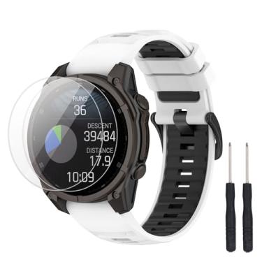 Imagem de TopPerfekt Pulseira compatível com Garmin Descent G2, pulseira de silicone macio de substituição e 2 protetores de tela para relógio inteligente Descent G2 para mulheres e homens (branco - preto)