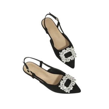 Imagem de OYOANGLE Sandálias Femininas De Salto Baixo Com Strass E Bico Fino, Camurça Sintética, Pretas, 6,5