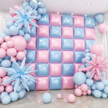 Imagem de HKYOOD 36 peças de fundo de parede de balões quadrados rosa e azul com 147 peças, kit de arco de guirlanda de balão, balões de dupla face para princesa, aniversário, menino ou menina, revelação de