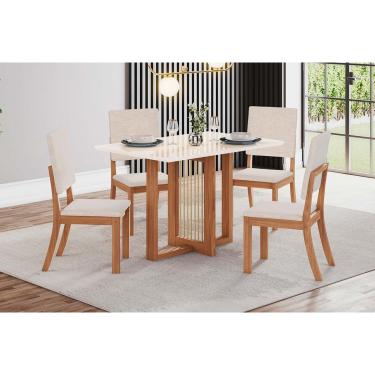 Imagem de Conjunto: Mesa de Cozinha Natalí c/ Tampo Madeirado c/ Vidro Reto 120x80cm e 4 Cadeiras Milla Nature/Suede Light Linho - Henn