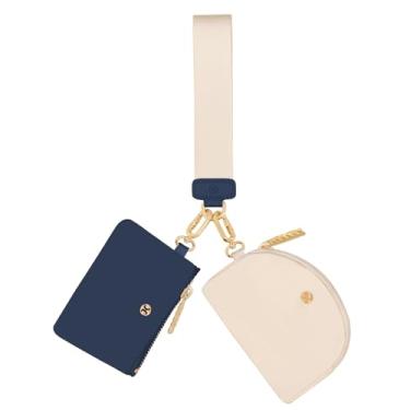 Imagem de Hovmwey Carteira de chaveiro, bolsa dupla destacável para mulheres e homens, mini zíper portátil em torno de carteira pequena bolsa de moedas, Azul royal + branco