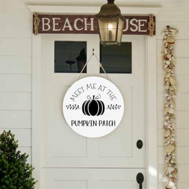 Imagem de Beabes Sinal de boas-vindas rústico redondo guirlandas para porta da frente, abóbora e girassol em vaso para decoração de parede interna ao ar livre, 30 x 30 cm