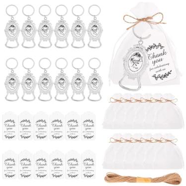 Imagem de 12 peças chaveiros abridores de garrafas com sacos de organza, Recuerdos De Primera Comunion, chaveiros de liga de zinco prata com etiquetas "Thank You", perfeitos para casamentos, batizados e festas