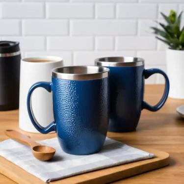 Imagem de Caneca Térmica Parede Dupla em Aço Inox Azul 350ml com Alça Ergonômica - Estilo Texturizado