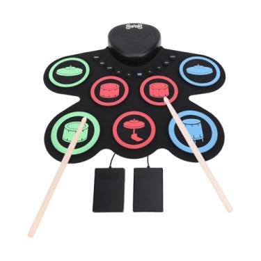 Imagem de Asixxsix Conjunto de tambor eletrônico de 7 almofadas, Recarregável Roll Up Tambor Pad com alto-falante, Kit de Tambor de Prática de Silicone com Bateria & Pedal Duplo para crianças