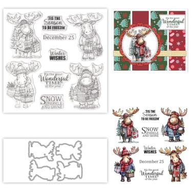 Imagem de YIXUAN Conjunto de moldes transparentes de rena de Natal de inverno em casacos, moldes de corte de metal, pacote com caixa de envelope para fazer cartões, materiais de scrapbook, carimbos de silicone,