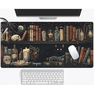 Imagem de Dark Academia Witch's Bookshelf tapete de mesa crânio gato preto magia XXL grande mouse pad estendido para jogos gamer trabalho escritório computador desktop mousepad laptop teclado pad pad mesa pad
