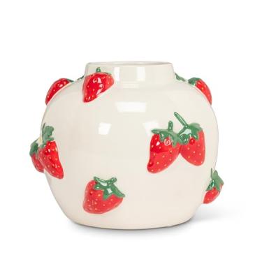 Imagem de Abbott Collection Vaso redondo grande com morangos pintados à mão - porcelana, marfim/vermelho (18 cm A)