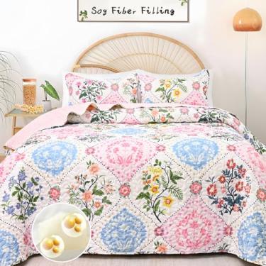 Imagem de Uspring Conjunto de colcha floral, tamanho casal/queen, conjunto de cama com 3 peças, leve, macio, respirável, acolchoado, edredom de verão com 2 fronhas para todas as estações (rosa, 228 cm x 246 cm)
