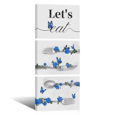 Imagem de RyounoArt Decoração de parede de cozinha azul e cinza Imagens de arte de parede de sala de jantar Folk Spoon Knife pinturas em tela impressas com letreiro Let's Eat emoldurado 40,6 x 30,5 cm x 3 peças