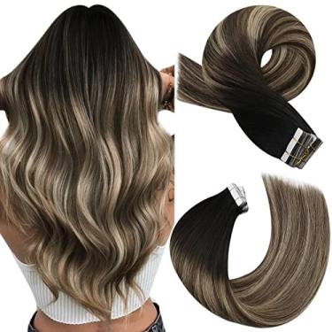 Imagem de Moresoo Extensões de cabelo humano com fita adesiva balayage off preto a marrom mistura com extensões de cabelo loiro fita em cabelo humano real cola ombré em extensões cabelo real 20 polegadas #1B/3