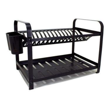 Imagem de Escorredor Aço Inox Epóxi Preto 16 Pratos Com Porta Talher - Dinox