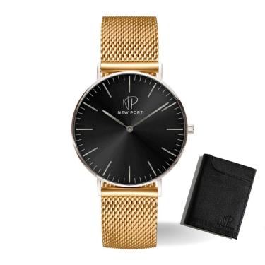 Imagem de Relógio Masculino Dourado Analógico New Port + Porta Cartão