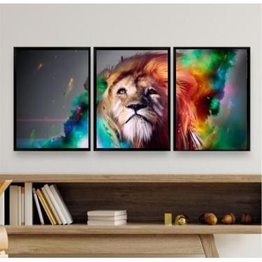 Imagem de Kit 3 Quadros Leão Juba Colorida 33x24cm - Moldura Branca - Quadros On