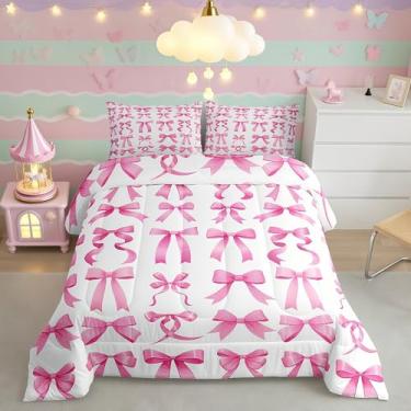 Imagem de Conjunto de cama infantil King com gravata borboleta, princesa sonhadora, edredom fofo com laço de fantasia, edredom rosa e branco, 2 fronhas