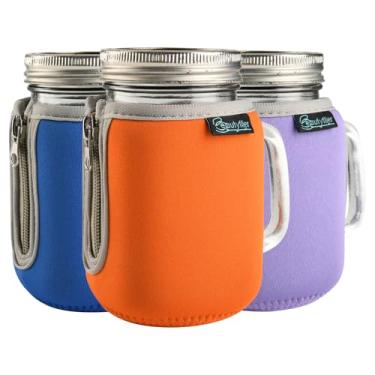 Imagem de Beautyflier Mason Jar 473 ml Canecas de vidro com alça isolante, capa de conserva de neoprene para copos de vidro de 473 ml, copos reutilizáveis para garrafas de água de smoothie, apenas manga (cor 2)