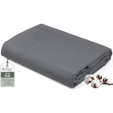 Imagem de Royale Linens Apenas lençol de cima 100% algodão orgânico – super macio – Lençol de cima percal – Lençol plano completo vendido separadamente – Apenas lençóis cinzentos respiráveis, frescos e nítidos