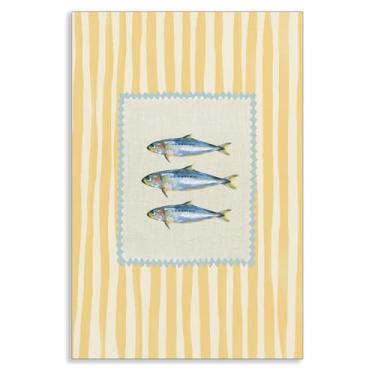 Imagem de Leetideful Arte de parede em tela de peixe de sardinha, pôster de pintura de peixe com listras bege amarelas, impressão de comida de cozinha encantadora de dopamina, imagem vibrante de verão costeiro