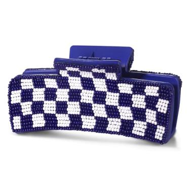 Imagem de Grampo de cabelo de dia de jogo para mulheres com contas quadriculadas beisebol futebol clipes de cabelo roupas dia de jogo esportes fãs de futebol mãe acessórios presentes (azul branco2)