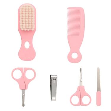 Imagem de Kit de Higiene para Bebê, 6 Peças, Escova, Pente, Cortador de Unhas, Tesoura, Lixa e adaptador Rosa