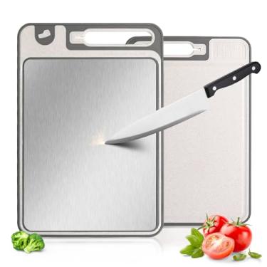 Imagem de NTIERA Tábua de corte de aço inoxidável 3 em 1 para cozinha, dupla face, tábua de corte, design de malha resistente a arranhões com ranhura de suco, fácil de limpar, palha de trigo PP tábua de cortar