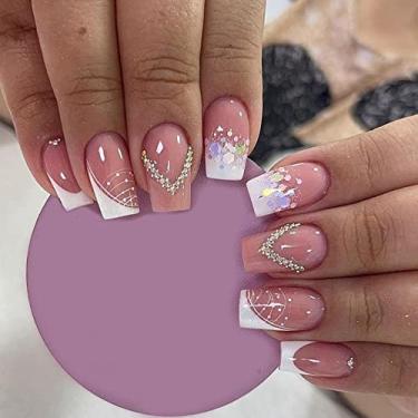 Imagem de 24 peças de unhas quadradas, unhas postiças rosa de comprimento médio, unhas postiças brilhantes com design de strass, ponta de unha francesa removível para mulheres e meninas
