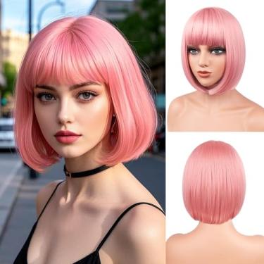 Imagem de BATISI Peruca feminina rosa bob curto liso franja sintética fantasia cosplay festa diária peruca neon 30,5 cm