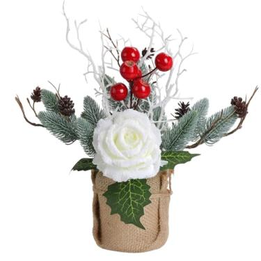 Imagem de 13,8'' Flores de Natal Decoração de Mesa Tampo de Mesa Pequeno Vaso Artificial Árvore de Natal Poinsettia, Baga Vermelha, Pinho e Ramos de Pinho Arranjo em Vaso de Burlap (Rosa Branca)