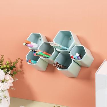 Imagem de DJAPWPX Suporte de caneta hexagonal, organizador de caneta modular de plástico com 6 xícaras, recipiente de armazenamento removível de 65° para mesa de escritório doméstico (azul)