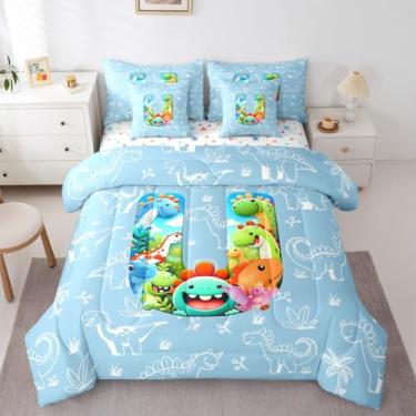 Imagem de Erosebridal Conjunto de cama solteiro Dino com letra U, 7 peças, monograma de dinossauro, em uma bolsa com lençol com lençol 3D, conjunto de edredom para crianças e adultos, animais da selva