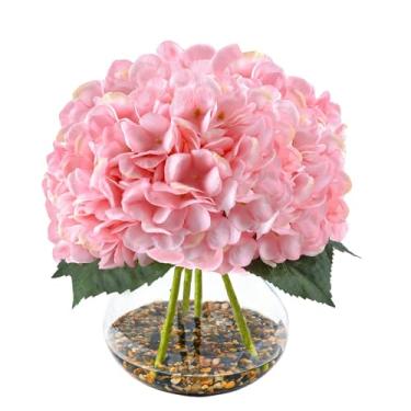 Imagem de N&T NIETING Flores artificiais de hortênsia com vaso flores falsas de seda rosa flores falsas de hortênsia com água falsa pedras do rio para decoração de mesa de escritório em casa, sala de casamento