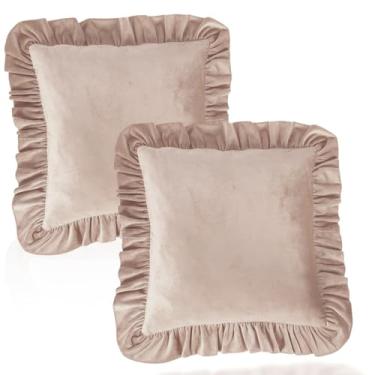 Imagem de DJAPWPX 2 fronhas de veludo com babados 45,7 x 45,7 cm, respirável e suave, com zíper, babados, para sofá, assento de carro, lavável na máquina (rosa claro)