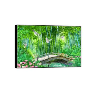 Imagem de Impressão em tela de paisagem - imagem moderna de arte de parede da natureza - ponte da floresta de bambu - pôster moldura preta para banheiro decoração de casa 30 x 45 cm 12 x 18 pol