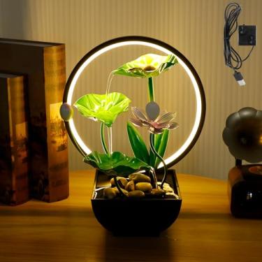 Imagem de Fonte de mesa de lírio de água com pedra natural fonte de carregamento USB para mesa com bomba embutida 3 camadas folha verde fonte de cachoeira decoração para escritório em casa (estilo 2)