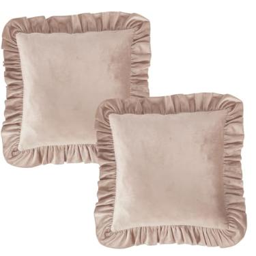 Imagem de 2 fronhas de veludo 45 x 45 cm, capa de pelúcia respirável, com zíper, babados, para máquina de assento de carro (rosa claro-2-45 * 45 cm)