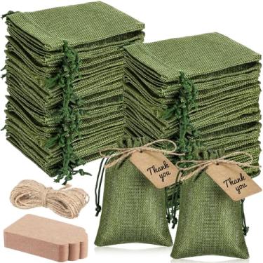 Imagem de Woanger 100 sacos de presente de serapilheira com 100 peças de etiquetas de presente de papel kraft com cordão, sacos de estopa a granel para artesanato de festa de casamento DIY (10 x 15 cm, verde