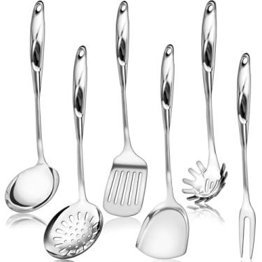 Imagem de Hunnycook Conjunto de 6 utensílios de cozinha de aço inoxidável, incluindo concha, escumadeira, espátula sólida, espátula com fenda, colher de espaguete e garfo de carne, com furos para pendurar