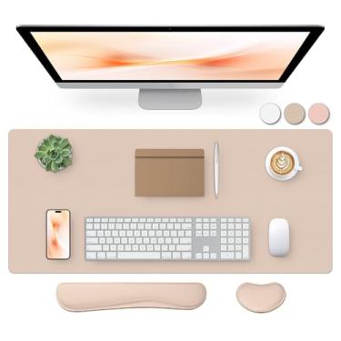 Imagem de Bloss Tapete de secretária em pele Bloss e descanso para o pulso do teclado, tapete grande para o rato + tapete para o teclado + apoio para o pulso do rato (90x40cm, bege)
