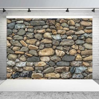 Imagem de Pano de fundo de parede de pedras de 2,1 x 1,5 m – Fundo texturizado de parede de pedra antiga vintage para videoconferência, decorações de festa em casa, adereços de sessão de fotos para retratos de