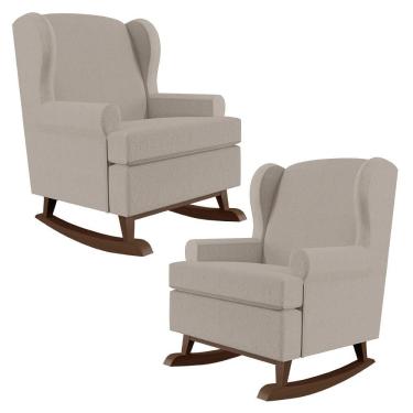 Imagem de Kit 02 Poltronas De Amamentação Com Balanço Malu Base De Madeira P02 Linho Bege - Lyam Decor