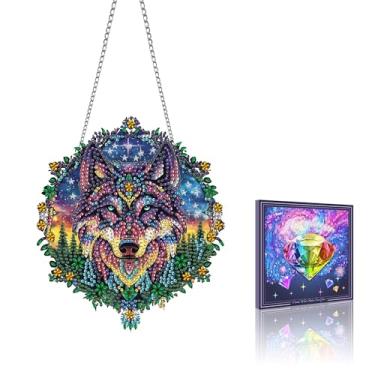Imagem de VAIIEYO Enfeite de pendurar arte de diamante de lobo, pintura de diamante animal, kit de pendurar janela com corrente, pingente de cristal de 19 x 19 cm, artesanato para presente, decoração de parede