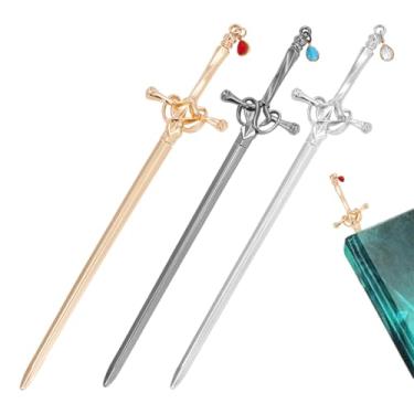 Imagem de UNICRAFTALE 3 peças, 3 cores, espada, Katana, marcadores, vintage, metal, pingentes, espadas, pingentes de marcador de página com vidro para amantes de livros, presentes, leitura, artesanato