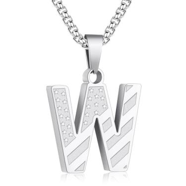 Imagem de Zocomi Colar com pingente de inicial da bandeira americana para homens e meninos, corrente de aço inoxidável 316L A-Z caixa de letras 50 + 5 cm joias presentes, Aço inoxidável, Sem Pedra Preciosa