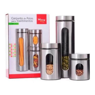 Imagem de Jogo 3 Potes Para Mantimentos Inox E Vidro Tampa De Rosca