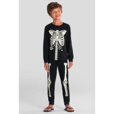 Imagem de Pijama infantil unissex de esqueleto brilha no escuro Brandili 10, 6, 