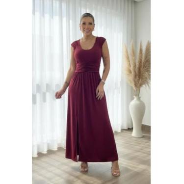 Imagem de Vestido Longo Franzido Acinturado Fenda na Perna - luh may, Vinho, M